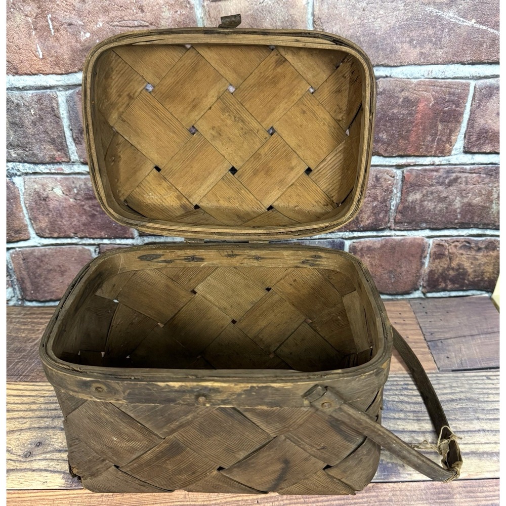 Antique Early 1900's Woven Split Wood Picnic Basket Hinged‎ Primitive Americana